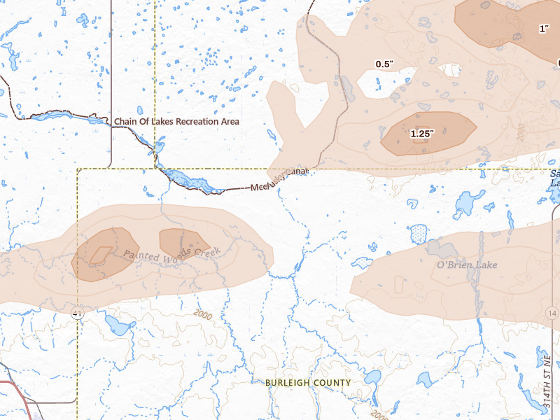 Radar-estimated hail-size map of the storm over Regan, ND on Jul 24, 2026