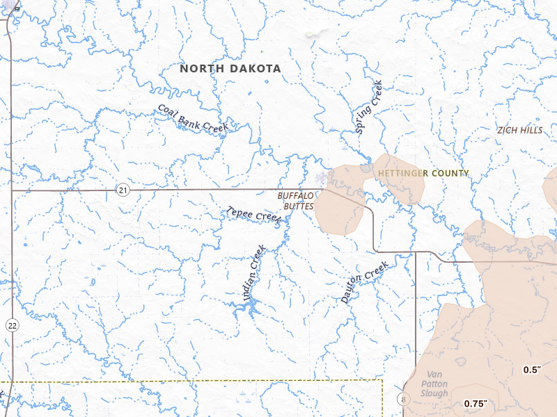 Radar-estimated hail-size map of the storm over Regent, ND on Jun 27, 2026