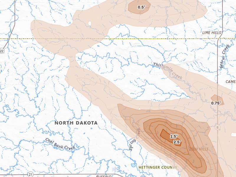 Radar-estimated hail-size map of the storm over Regent, ND on Aug 10, 2026