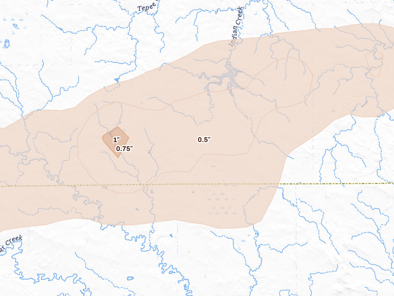 Radar-estimated hail-size map of the storm over Regent, ND on Aug 17, 2026