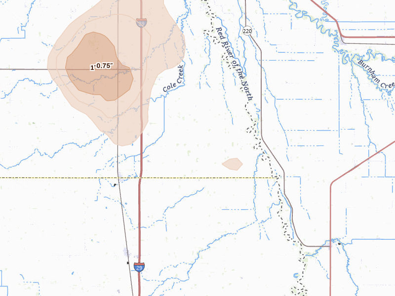 Radar-estimated hail-size map of the storm over Reynolds, ND on Jul 30, 2026