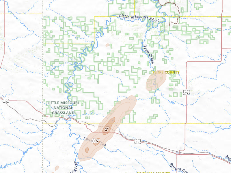 Radar-estimated hail-size map of the storm over Rhame, ND on Jun 2, 2026