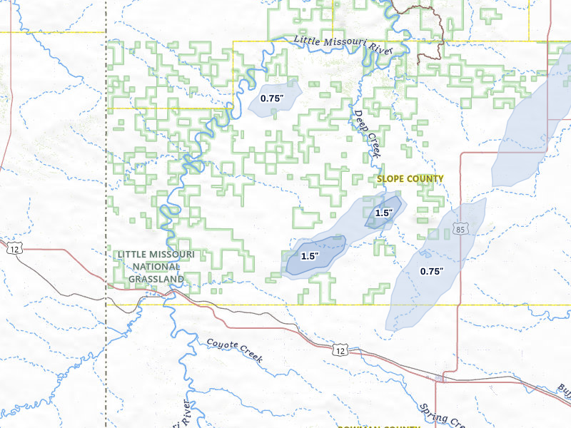 NEXRAD radar-signature map of the hail over Rhame, ND