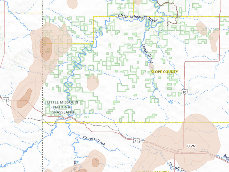 Radar-estimated hail-size map of the storm over Rhame, ND on Jun 27, 2026