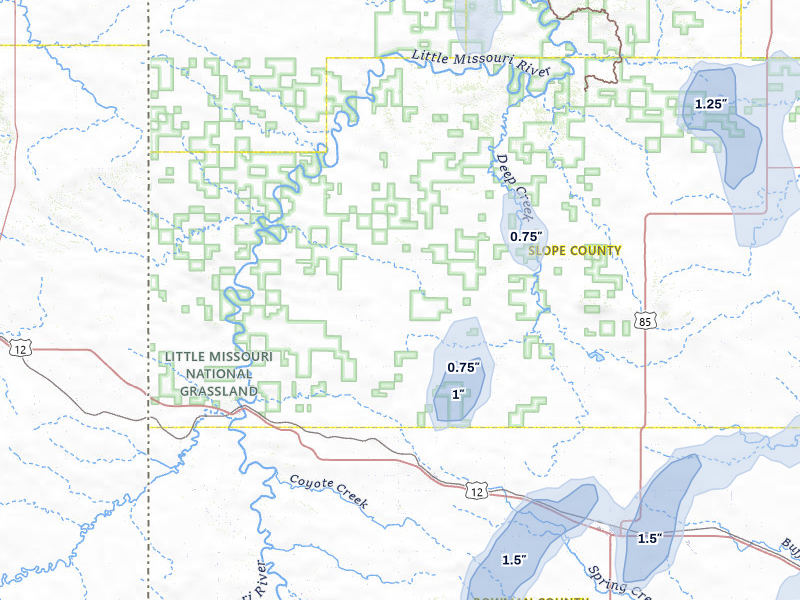 NEXRAD radar-signature map of the hail storm over Rhame, ND on Jun 27, 2026