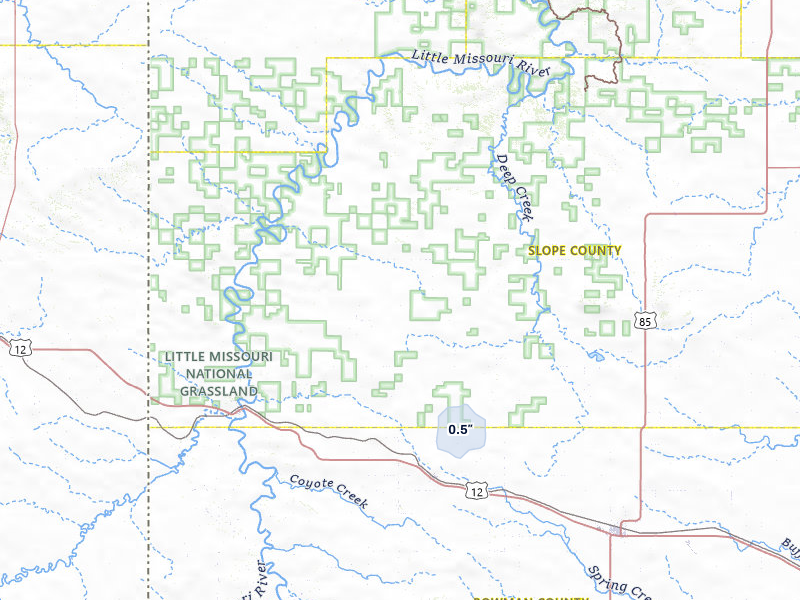 NEXRAD radar-signature map of the hail storm over Rhame, ND on Jul 1, 2026