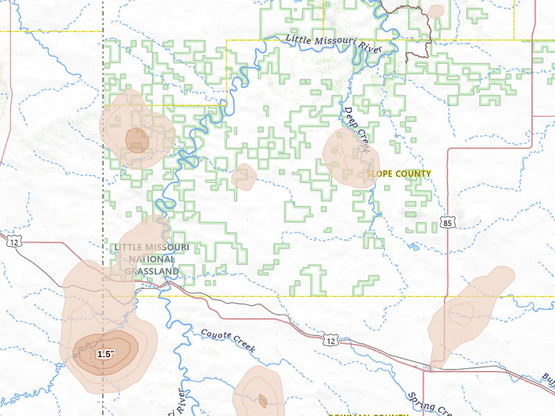Radar-estimated hail-size map of the storm over Rhame, ND on Jul 2, 2026