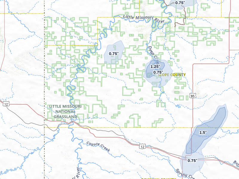 NEXRAD radar-signature map of the hail over Rhame, ND