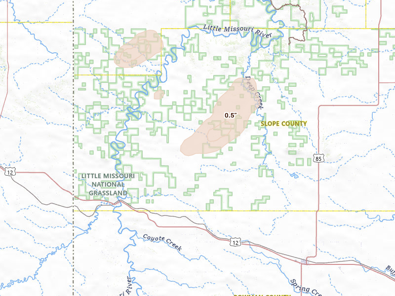 Radar-estimated hail-size map of the storm over Rhame, ND on Jul 5, 2026