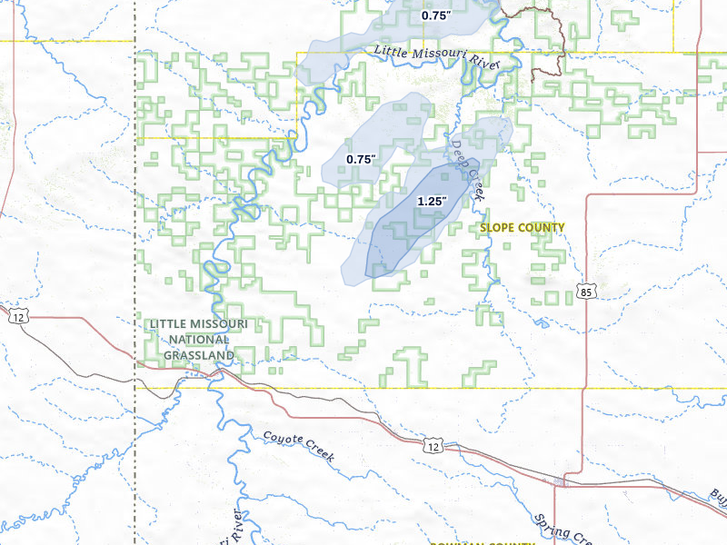 NEXRAD radar-signature map of the hail storm over Rhame, ND on Jul 5, 2026