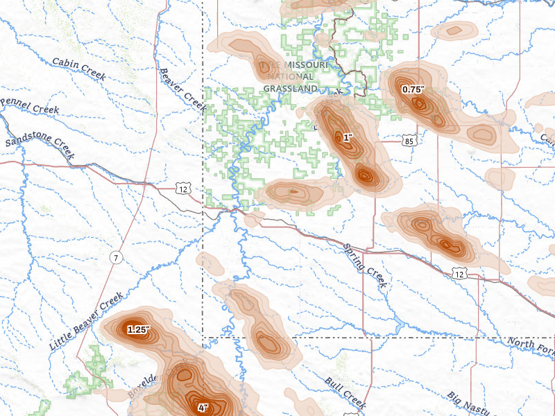 Radar-estimated hail-size map of the storm over Rhame, ND on Aug 11, 2026