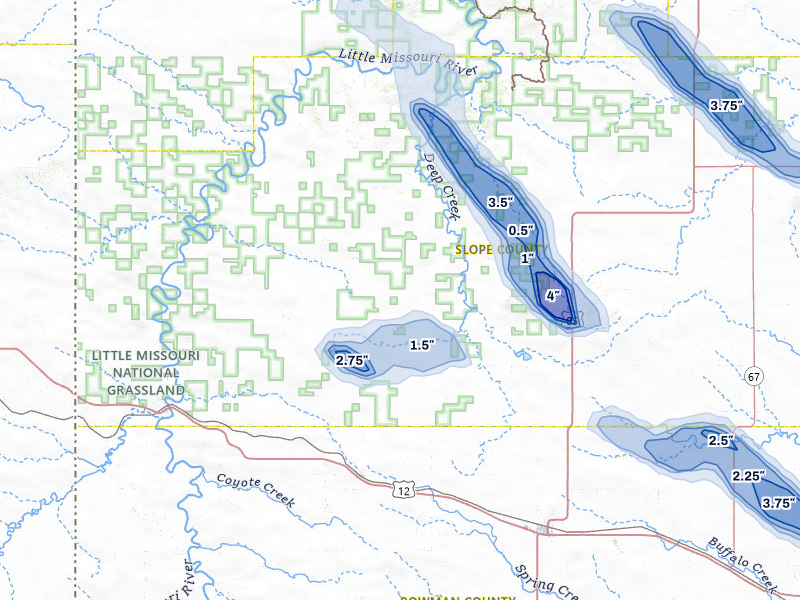 NEXRAD radar-signature map of the hail storm over Rhame, ND on Aug 11, 2026