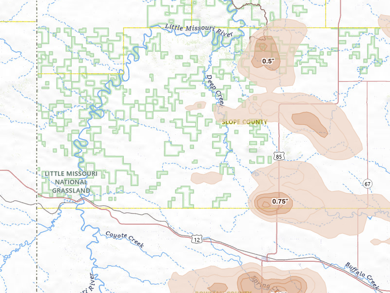 Radar-estimated hail-size map of the storm over Rhame, ND on Aug 23, 2026