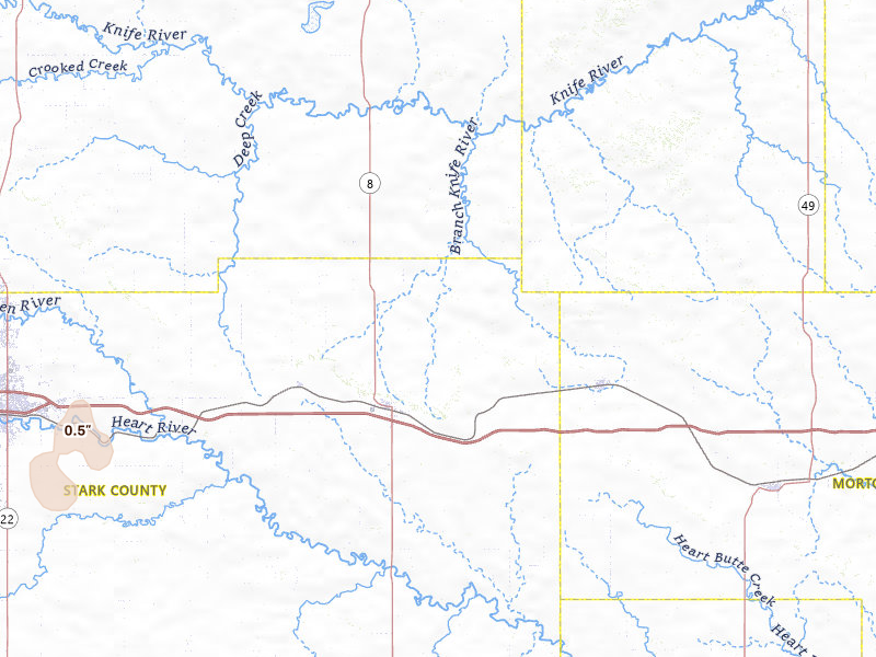 Radar-estimated hail-size map of the storm over Richardton, ND on Jun 2, 2026
