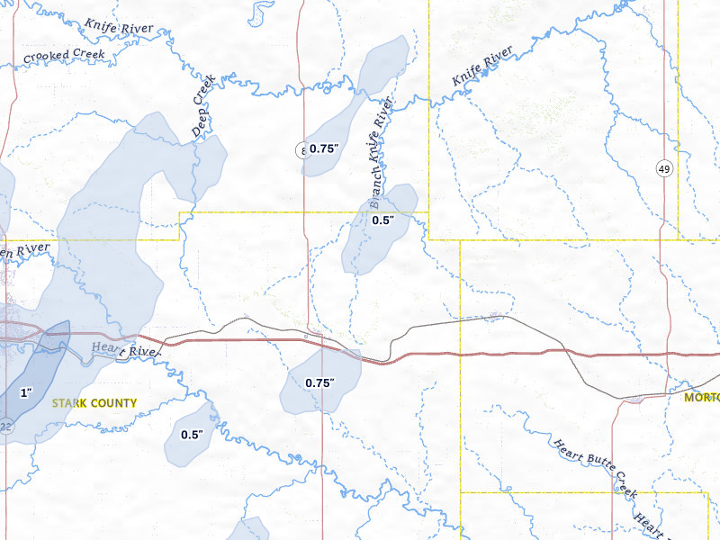NEXRAD radar-signature map of the hail over Richardton, ND
