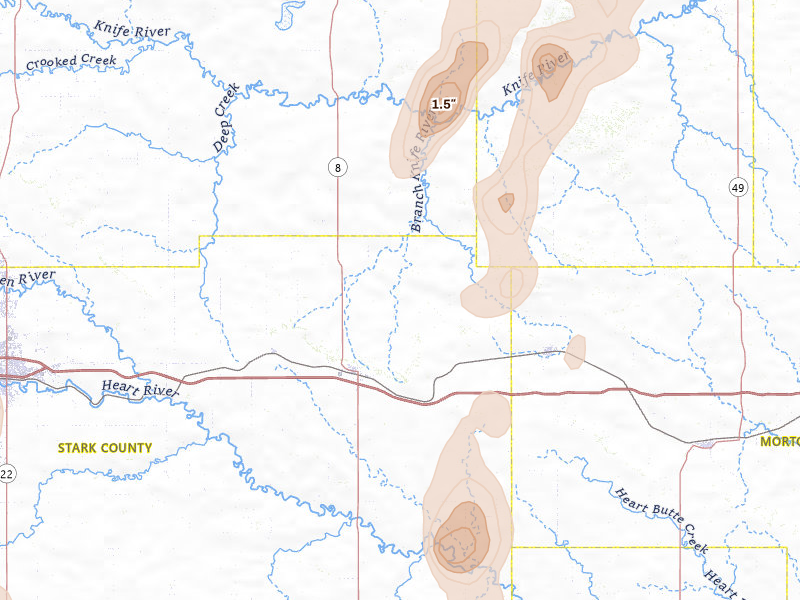 Radar-estimated hail-size map of the storm over Richardton, ND on Jun 7, 2026