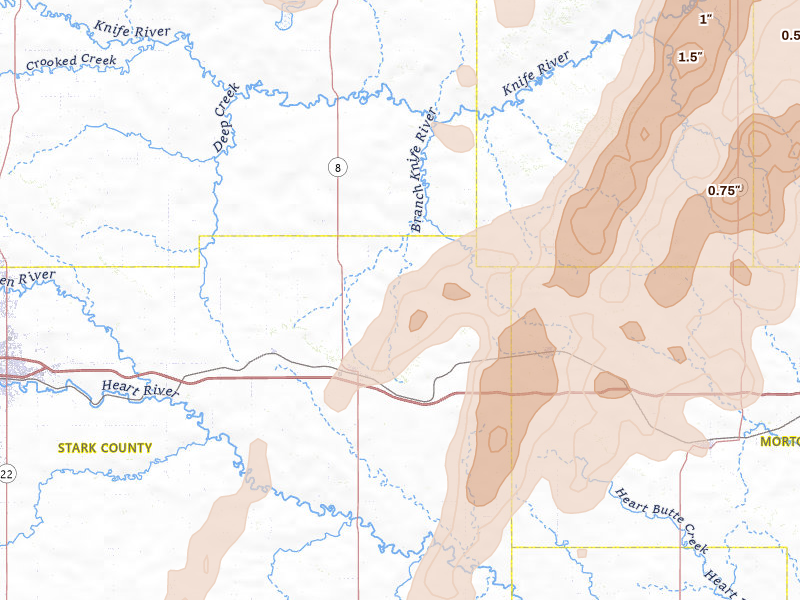 Radar-estimated hail-size map of the storm over Richardton, ND on Jun 9, 2026