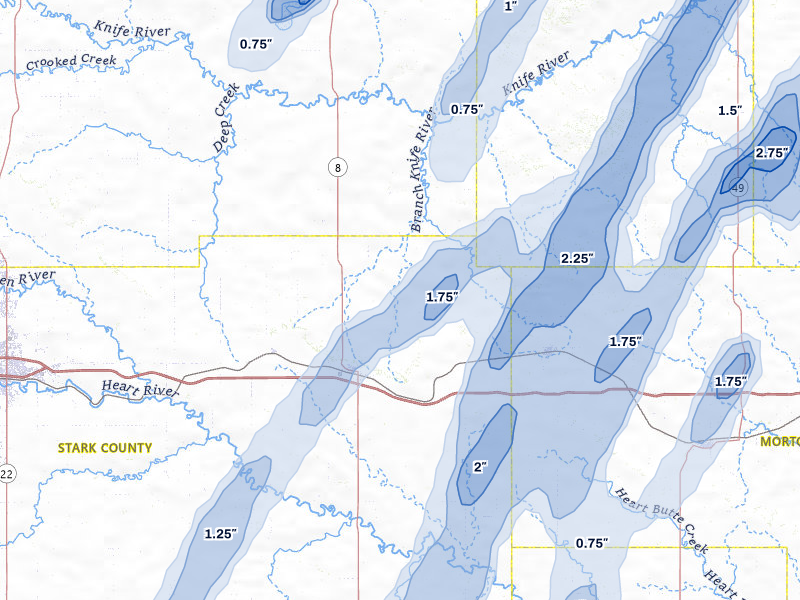 NEXRAD radar-signature map of the hail storm over Richardton, ND on Jun 9, 2026