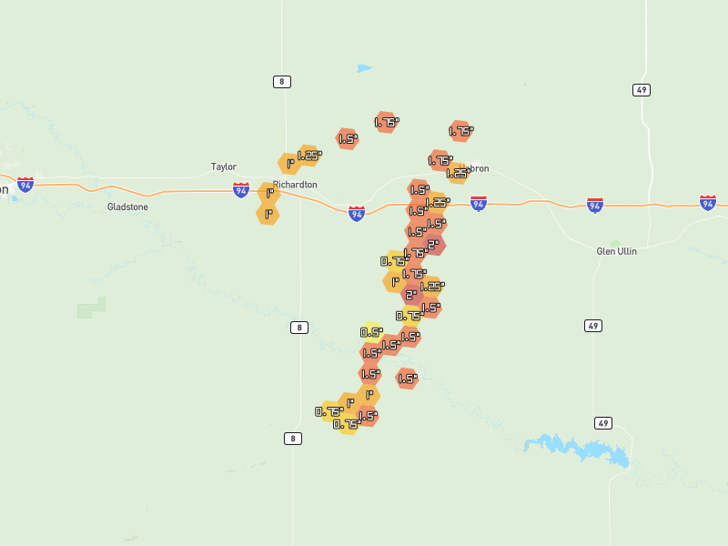 Hail map of Richardton, ND on Jun 9, 2026, hail up to 2"