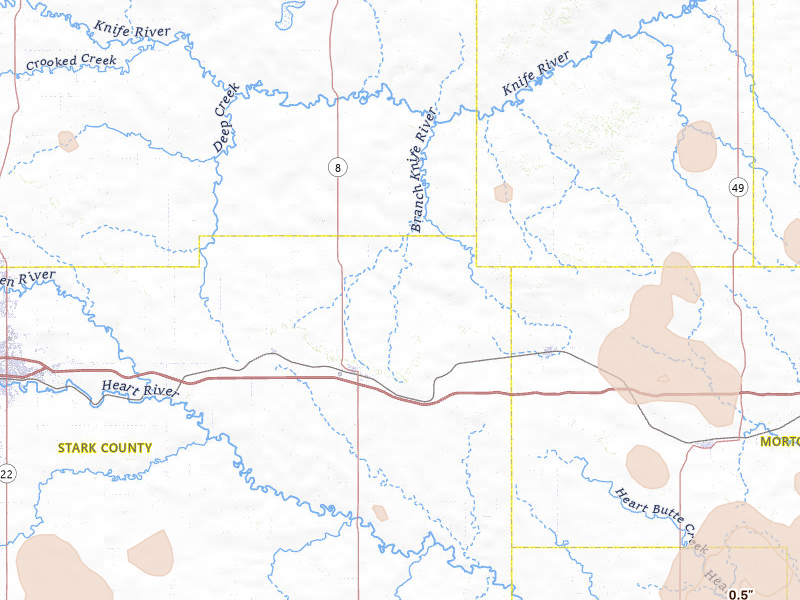 Radar-estimated hail-size map of the storm over Richardton, ND on Jun 27, 2026