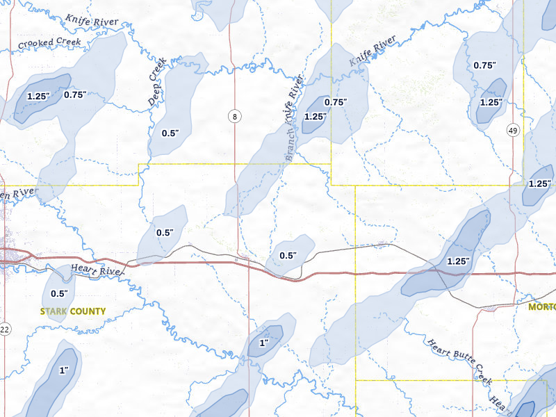 NEXRAD radar-signature map of the hail storm over Richardton, ND on Jun 27, 2026