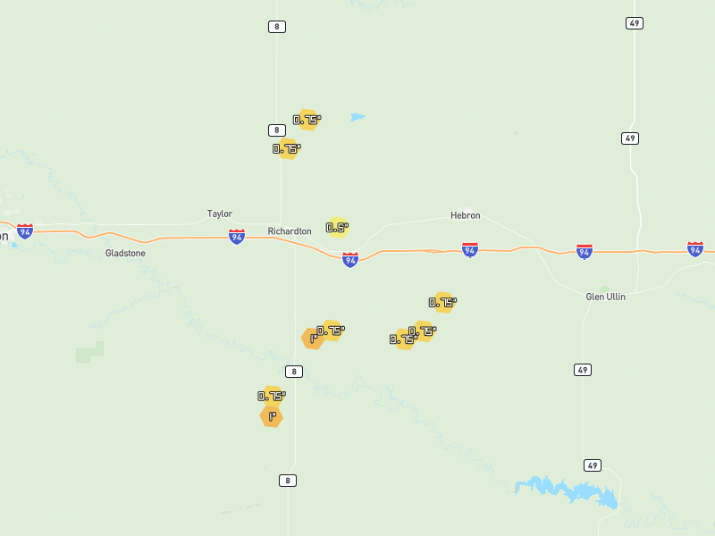 Hail map of Richardton, ND on Jun 28, 2026, hail up to 1"