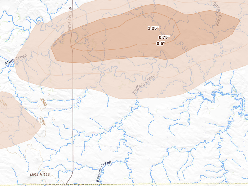 Radar-estimated hail-size map of the storm over Richardton, ND on Aug 10, 2026