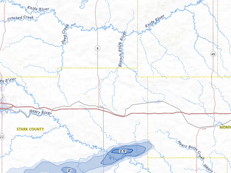 NEXRAD radar-signature map of the hail storm over Richardton, ND on Aug 10, 2026