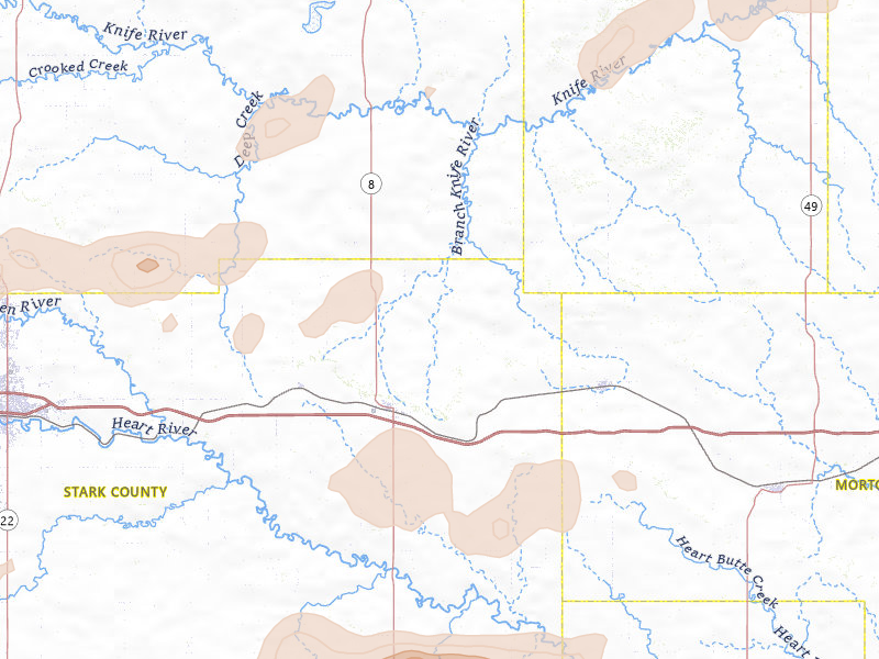 Radar-estimated hail-size map of the storm over Richardton, ND on Aug 30, 2026
