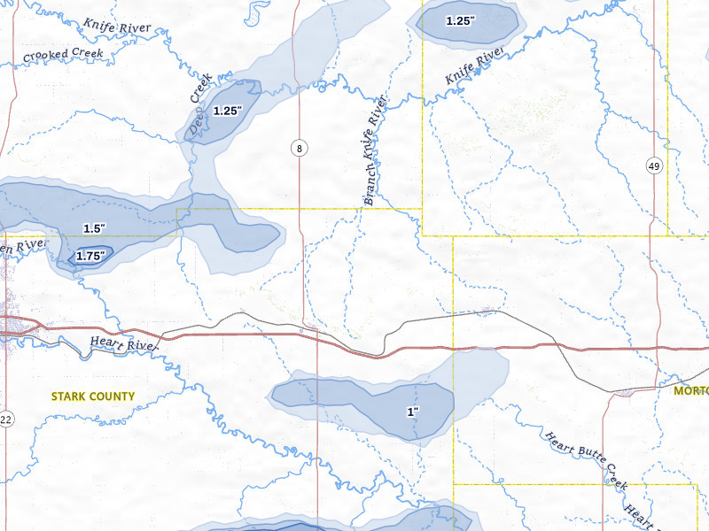NEXRAD radar-signature map of the hail storm over Richardton, ND on Aug 30, 2026
