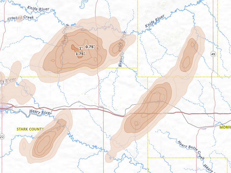 Radar-estimated hail-size map of the storm over Richardton, ND