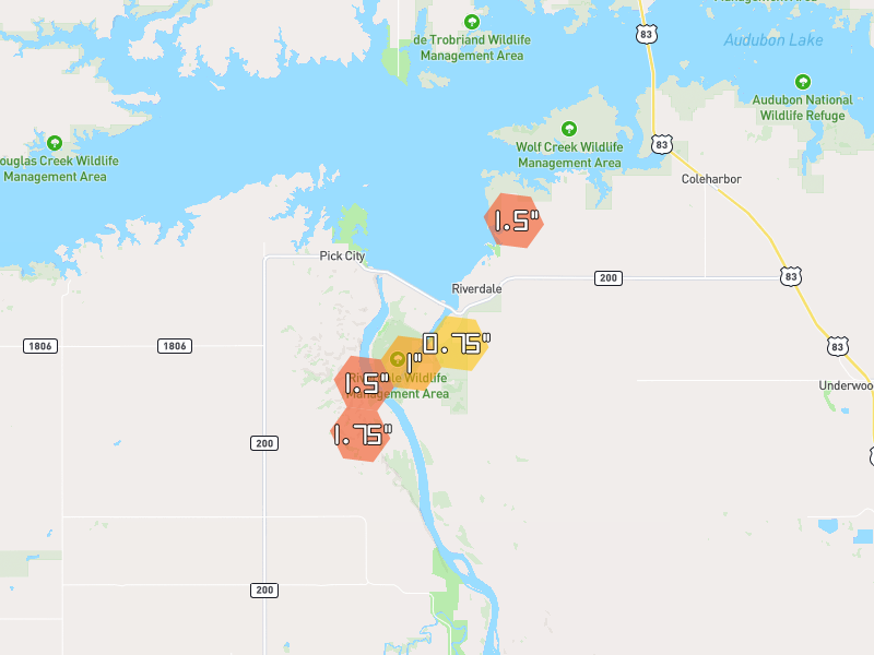 Hail map of Riverdale, ND on Jun 29, 2026, hail up to 1.75"