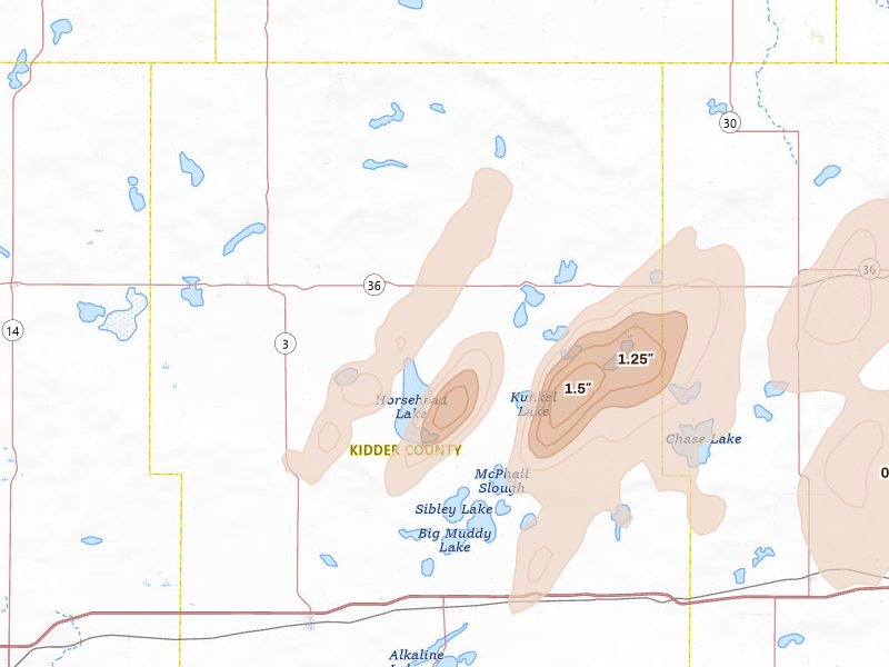 Radar-estimated hail-size map of the storm over Robinson, ND on Jun 2, 2026