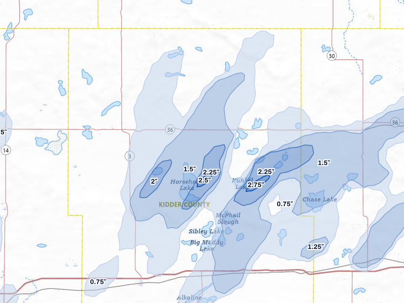 NEXRAD radar-signature map of the hail over Robinson, ND