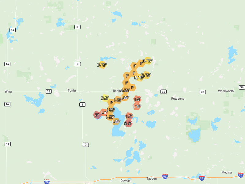 Hail map of Robinson, ND on Jun 2, 2026, hail up to 2.5"