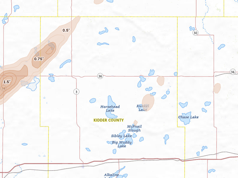 Radar-estimated hail-size map of the storm over Robinson, ND on Jun 29, 2026
