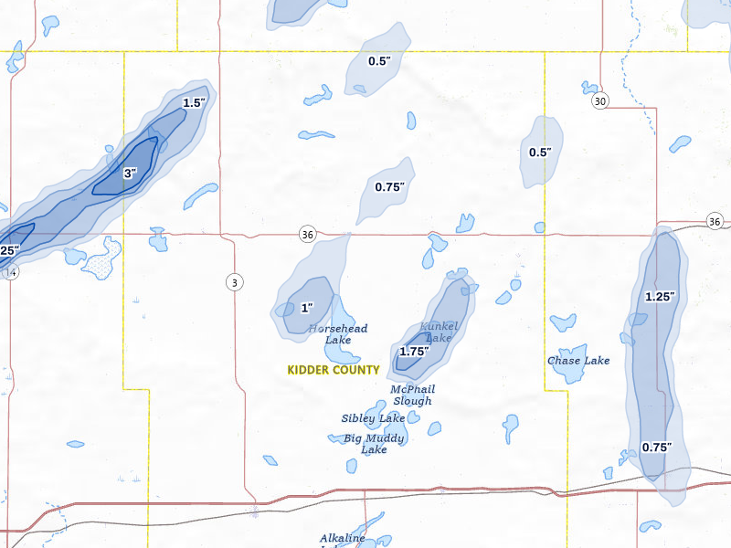NEXRAD radar-signature map of the hail storm over Robinson, ND on Jun 29, 2026