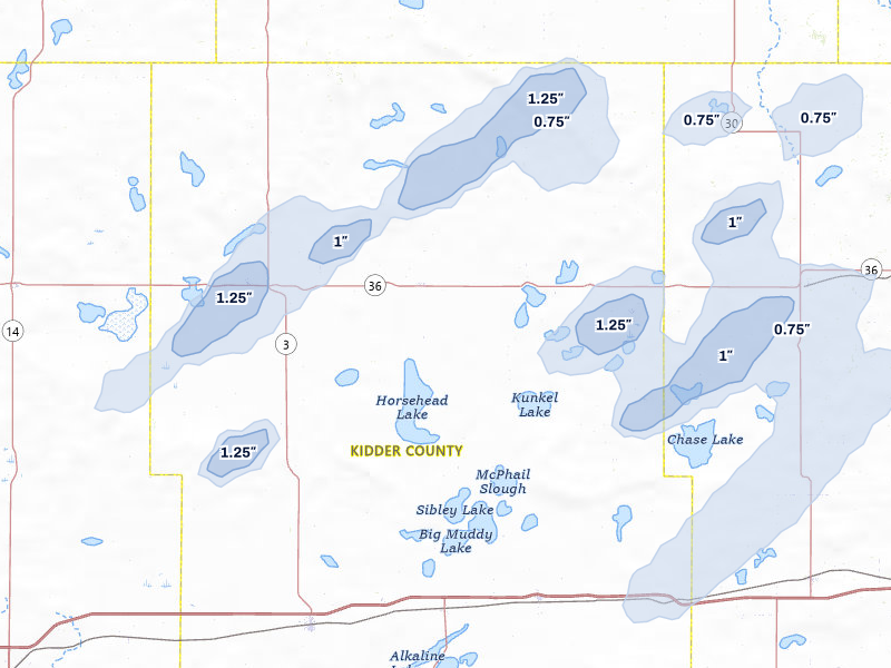 NEXRAD radar-signature map of the hail over Robinson, ND