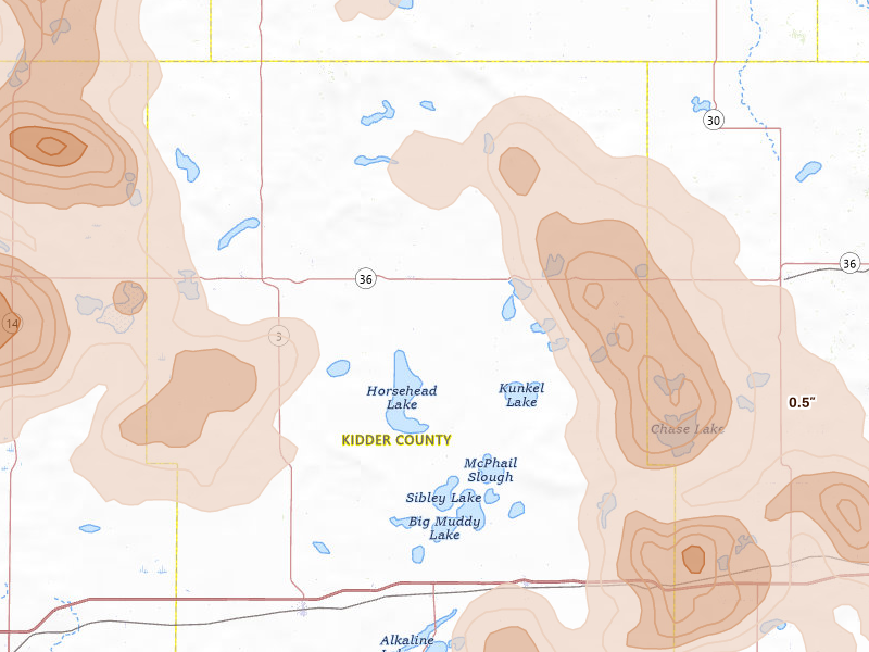 Radar-estimated hail-size map of the storm over Robinson, ND on Jul 9, 2026