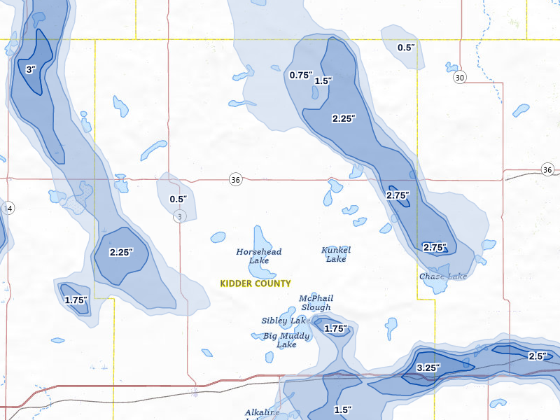 NEXRAD radar-signature map of the hail storm over Robinson, ND on Jul 9, 2026