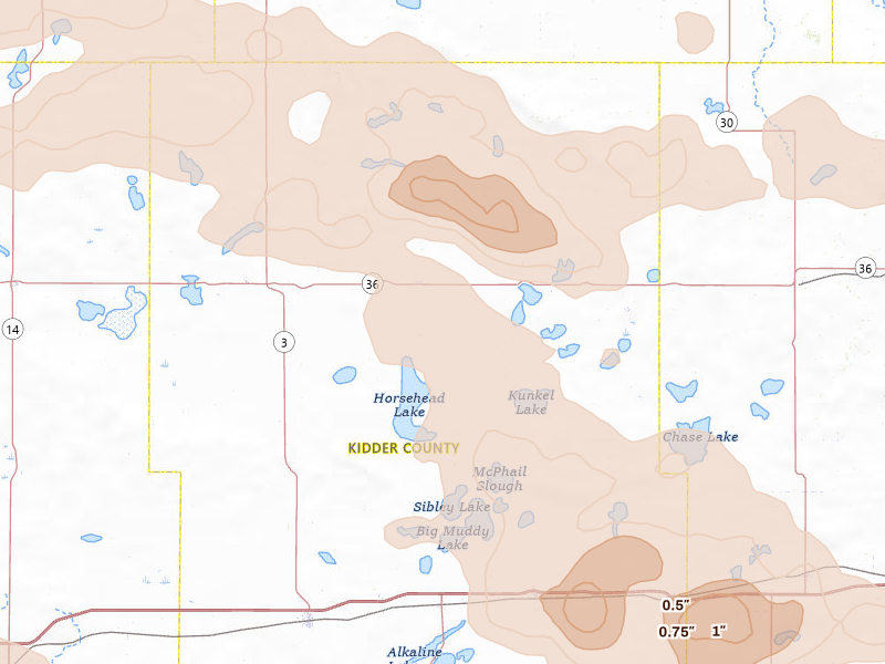 Radar-estimated hail-size map of the storm over Robinson, ND on Jul 24, 2026