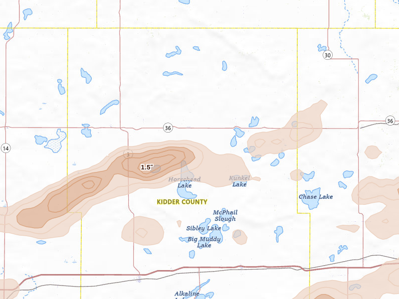 Radar-estimated hail-size map of the storm over Robinson, ND on Aug 11, 2026