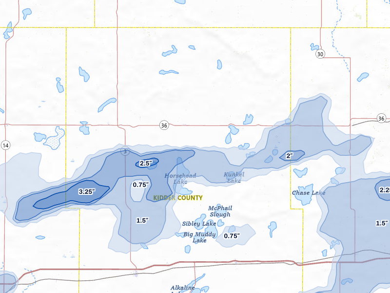NEXRAD radar-signature map of the hail storm over Robinson, ND on Aug 11, 2026