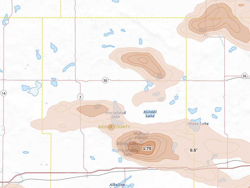 Radar-estimated hail-size map of the storm over Robinson, ND on Aug 24, 2026