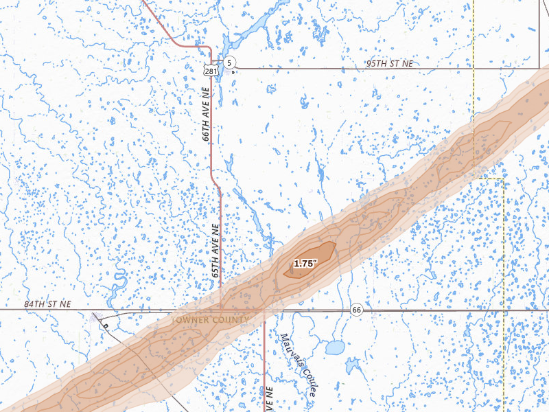 Radar-estimated hail-size map of the storm over Rocklake, ND