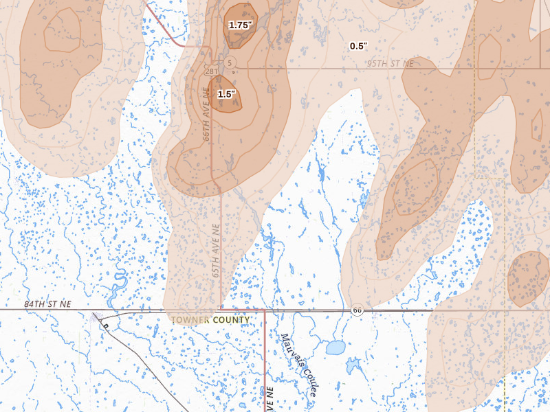 Radar-estimated hail-size map of the storm over Rocklake, ND on Jun 2, 2026