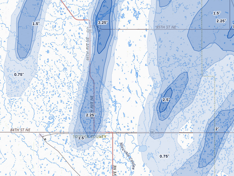 NEXRAD radar-signature map of the hail over Rocklake, ND