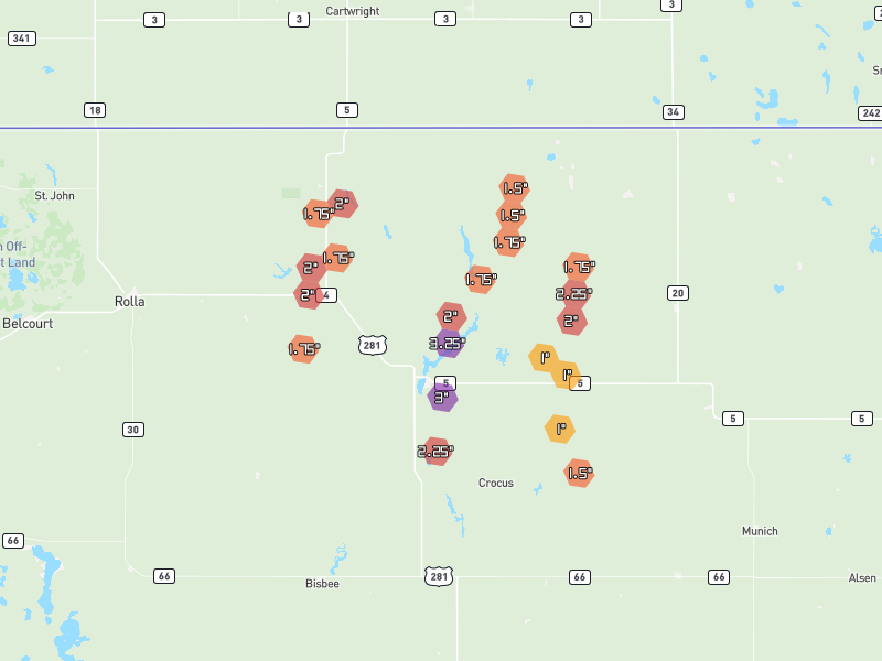 Hail map of Rocklake, ND on Jun 2, 2026, hail up to 3.25"