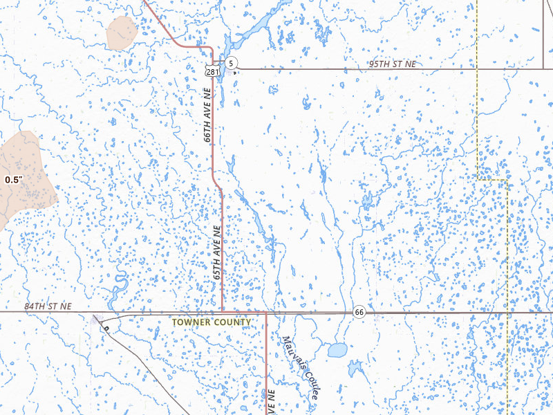 Radar-estimated hail-size map of the storm over Rocklake, ND on Jun 28, 2026