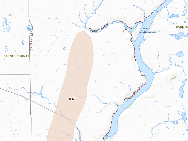 Radar-estimated hail-size map of the storm over Rogers, ND on Jun 2, 2026